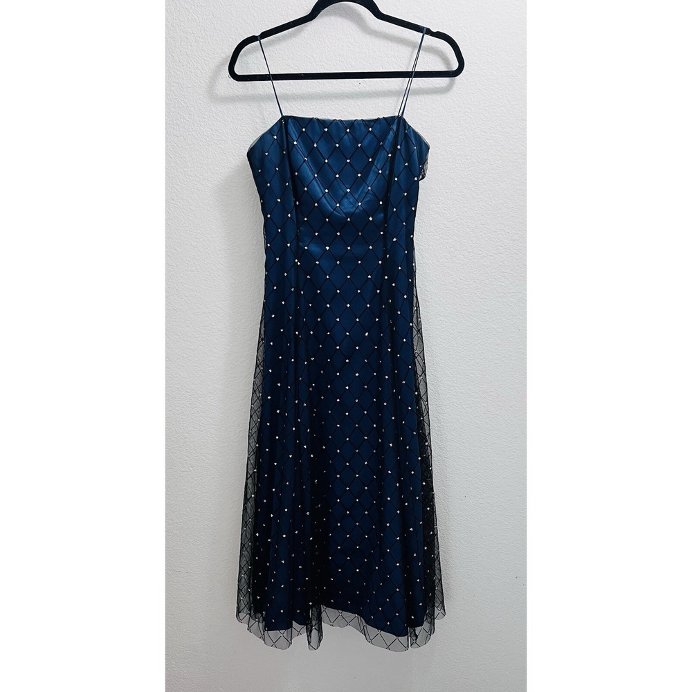 Adrianna Papell Midnight Blue Art Deco Blouson Beaded Gown Size 6